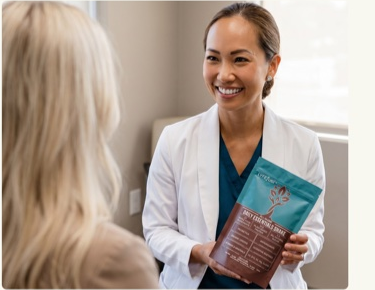 Clinician handing a patient LyfeFuel