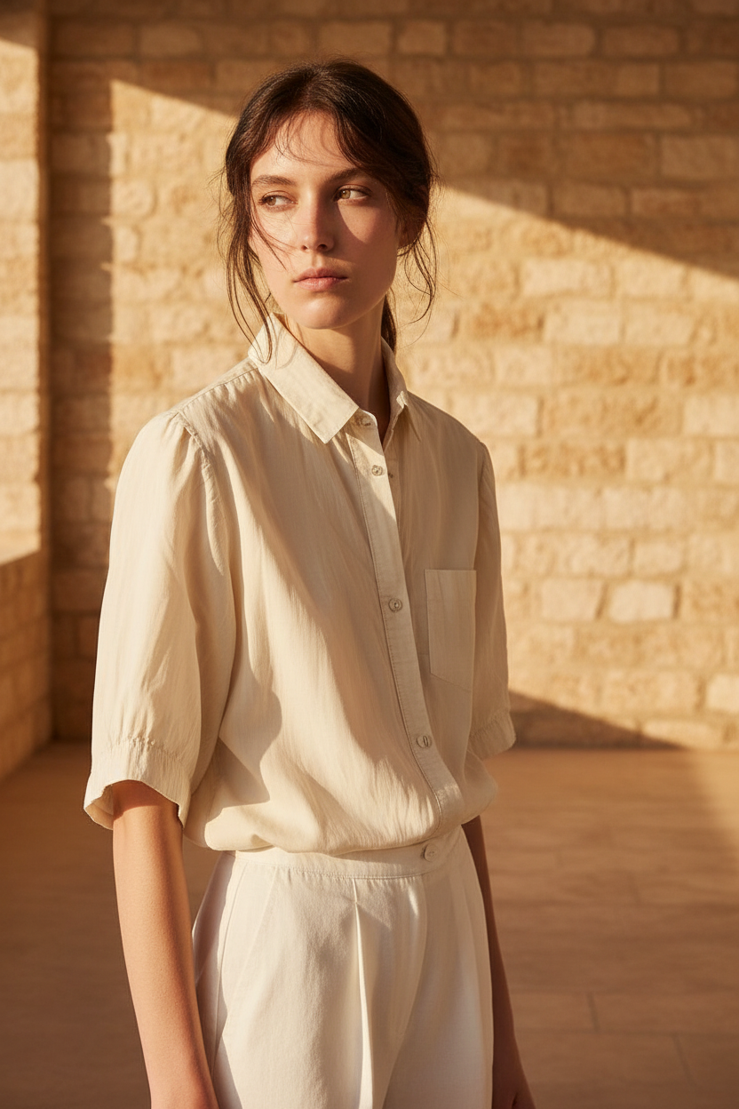 Low-Angle Cropped Editorial — The Poplin Button-Down, Bone