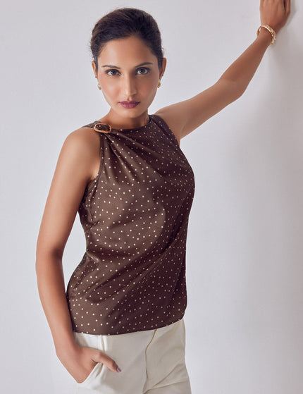 Cocoa Polka Satin Buckled Top