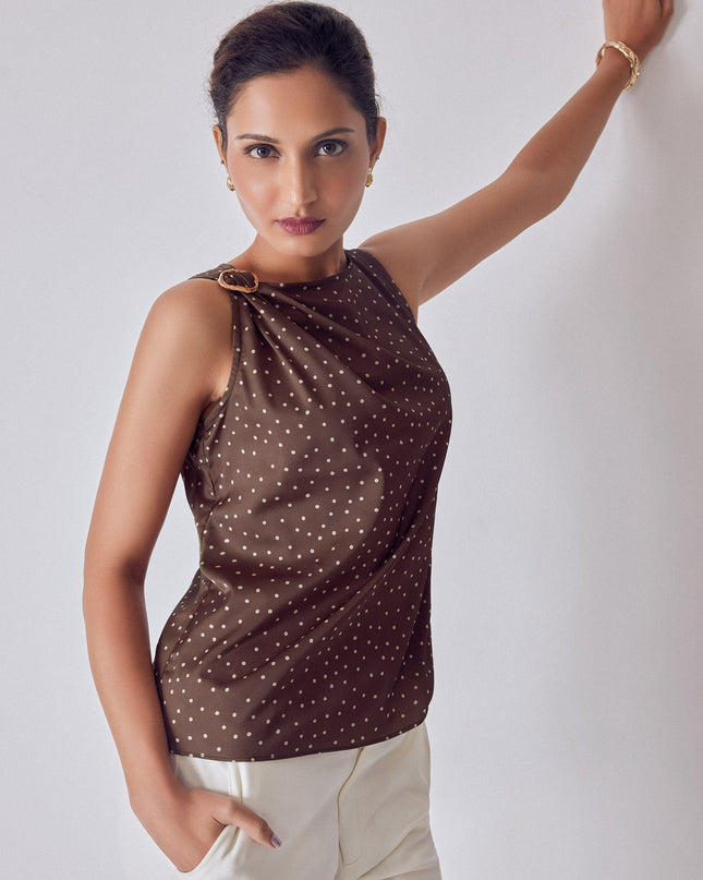 Cocoa Polka Satin Buckled Top