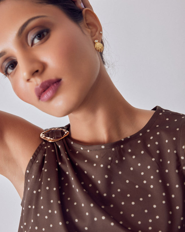Cocoa Polka Satin Buckled Top