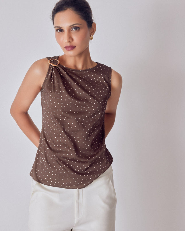 Cocoa Polka Satin Buckled Top