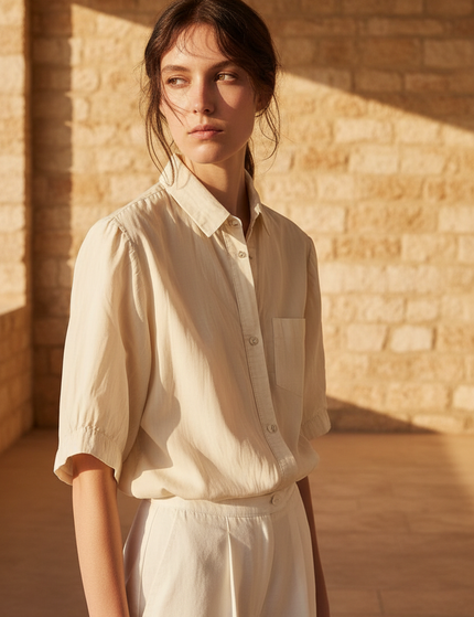 Low-Angle Cropped Editorial — The Poplin Button-Down, Bone