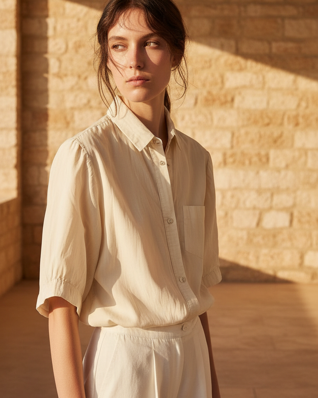 Low-Angle Cropped Editorial — The Poplin Button-Down, Bone