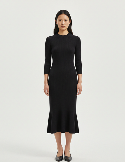 The Knit Midi — Front Full-Body, Soft Black