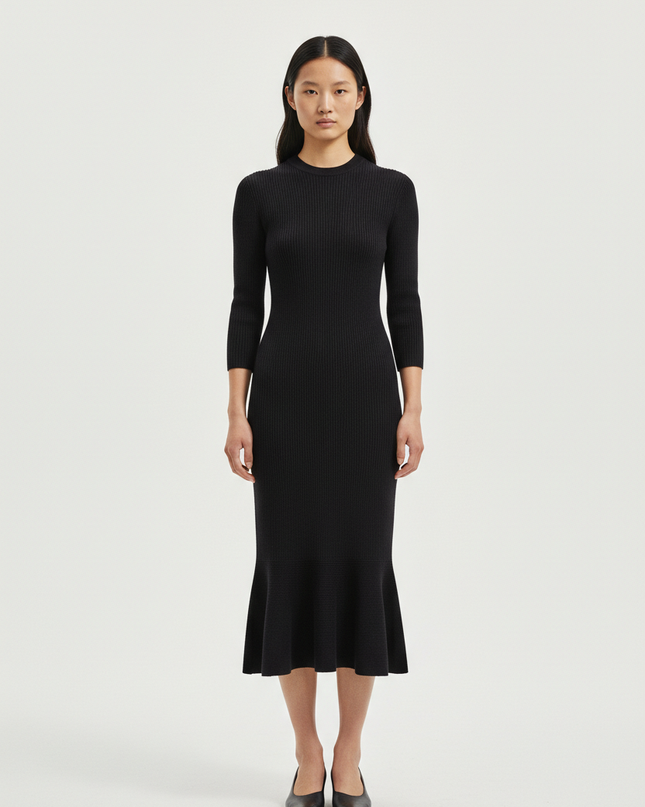 The Knit Midi — Front Full-Body, Soft Black