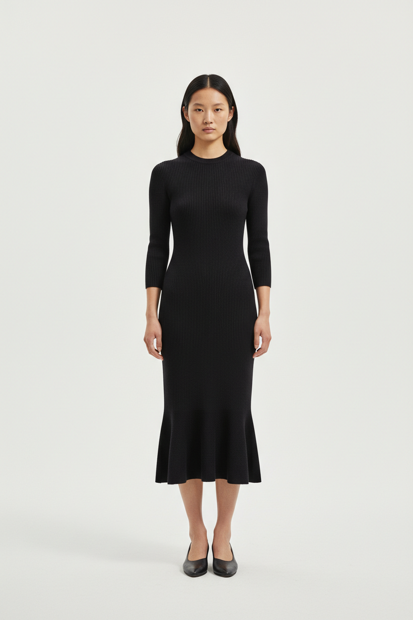 The Knit Midi — Front Full-Body, Soft Black