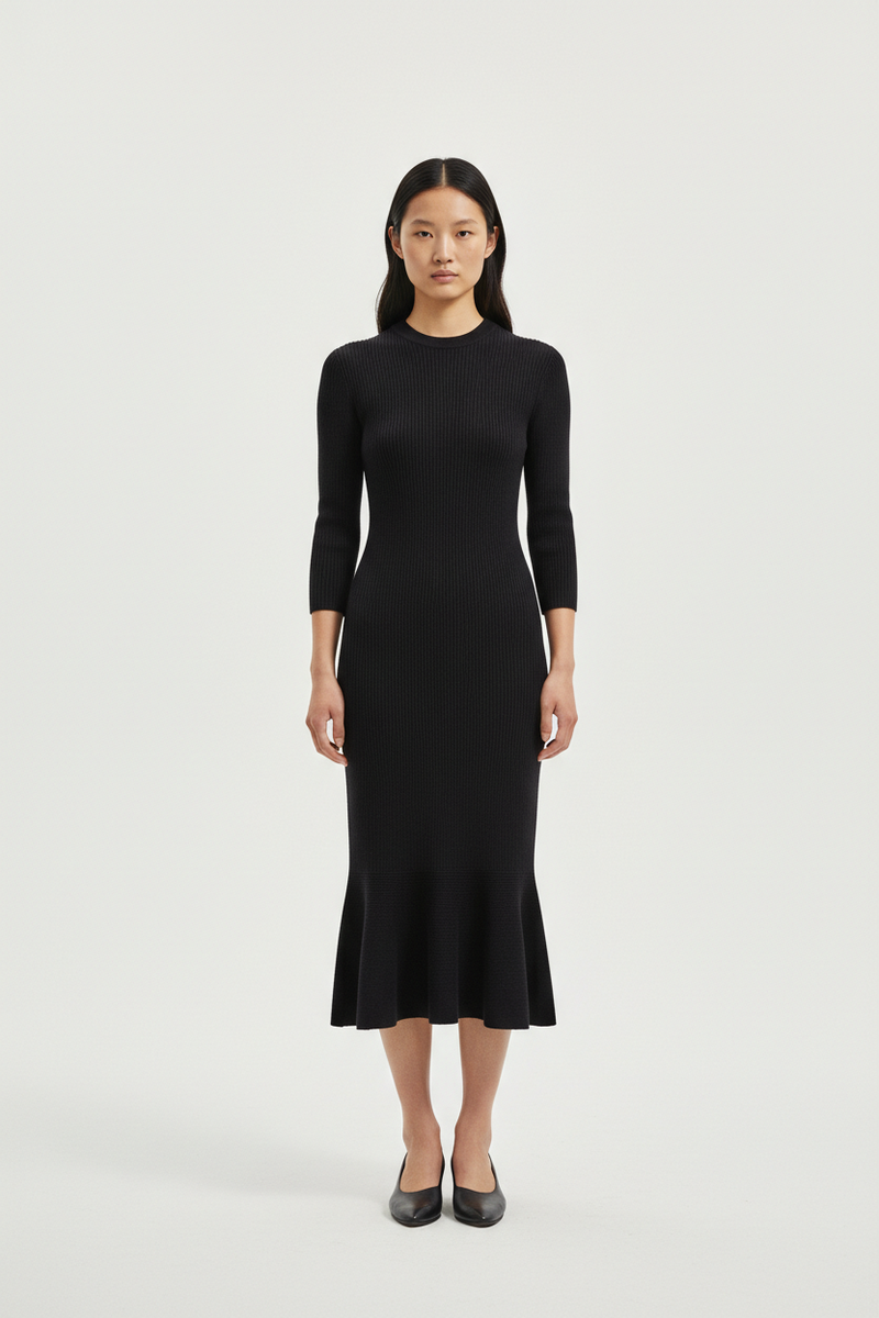 The Knit Midi — Front Full-Body, Soft Black