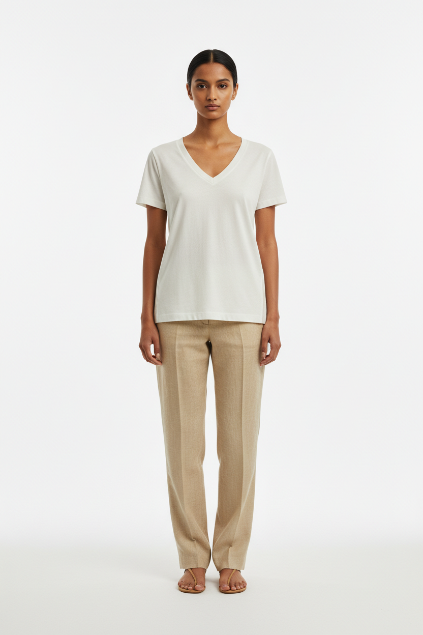 The Mid-Weight V-Neck — Front Full-Body