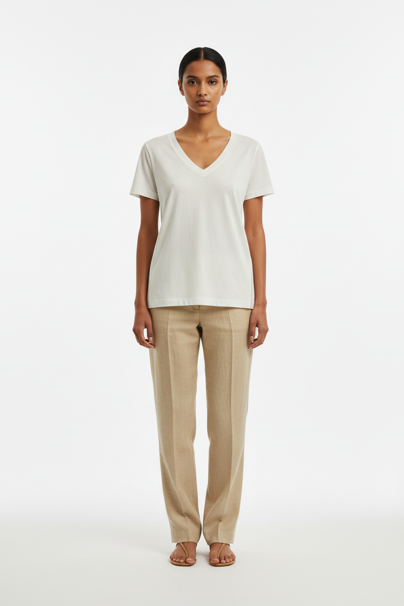 The Mid-Weight V-Neck — Front Full-Body