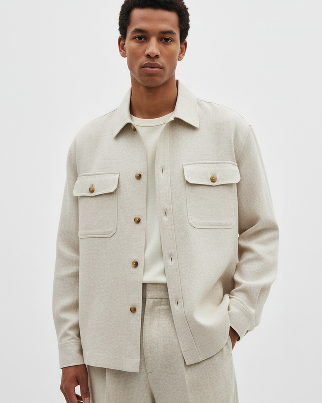 The Overshirt — Fabric Detail Portrait, Stone