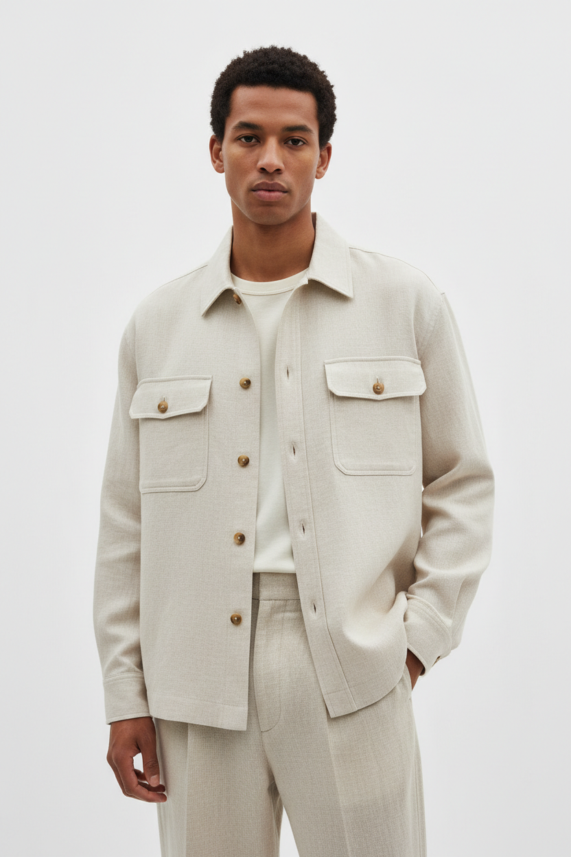 The Overshirt — Fabric Detail Portrait, Stone