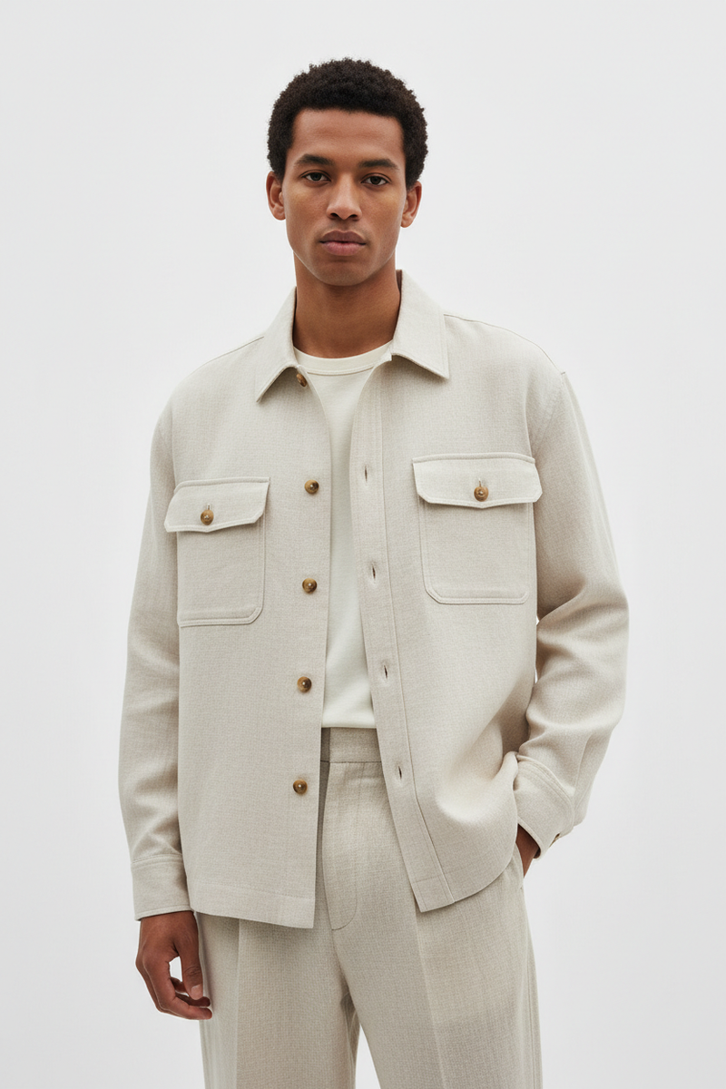 The Overshirt — Fabric Detail Portrait, Stone