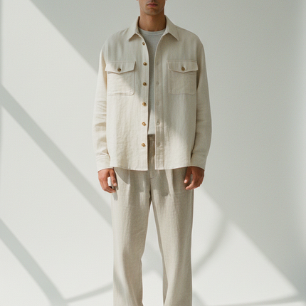 The Overshirt — Front Full-Body, Stone