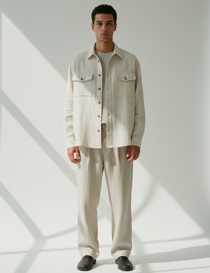 The Overshirt — Front Full-Body, Stone