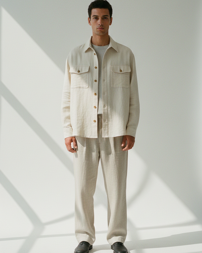 The Overshirt — Front Full-Body, Stone