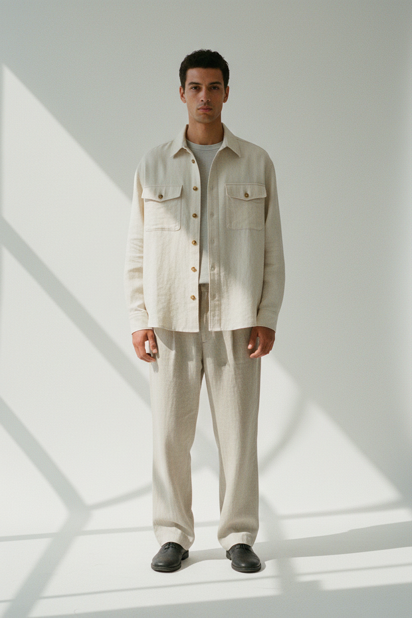 The Overshirt — Front Full-Body, Stone