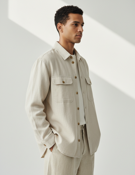 The Overshirt — Side Profile, Stone