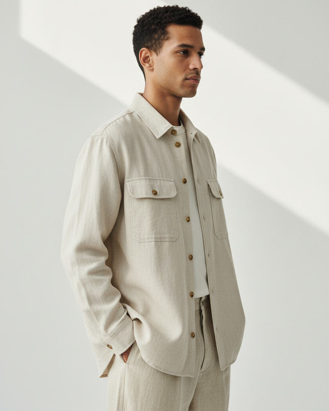 The Overshirt — Side Profile, Stone