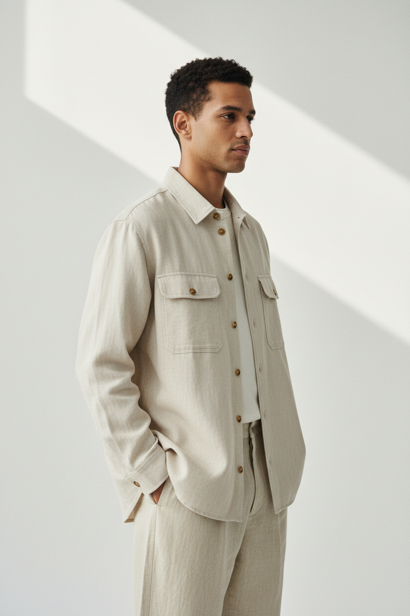 The Overshirt — Side Profile, Stone