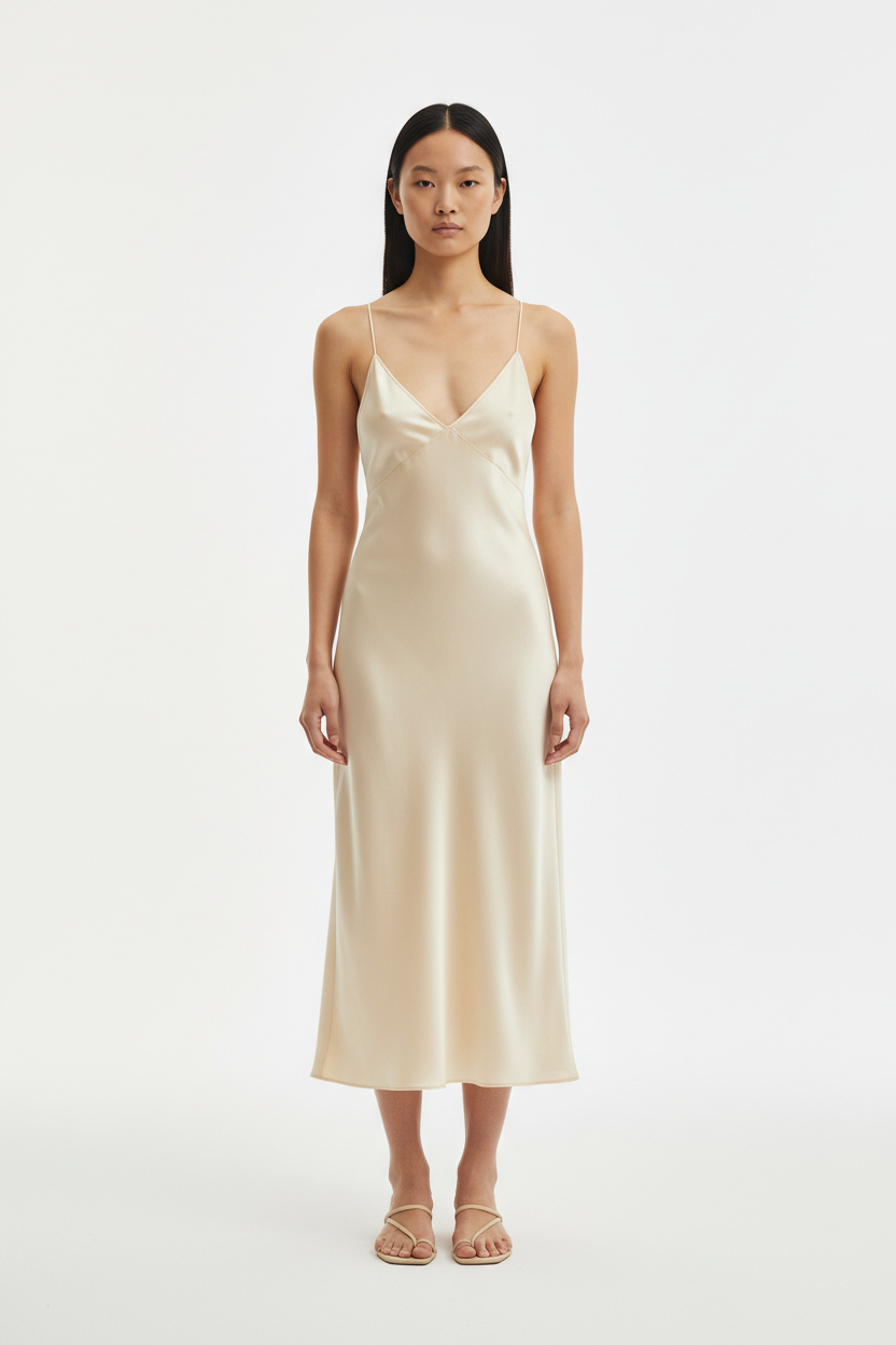 The Slip Dress — Front Full Body, Bone